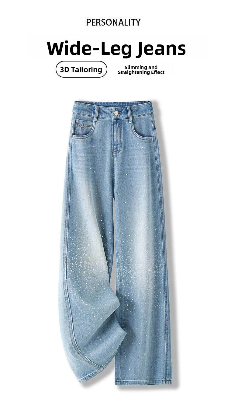 High Waist Wide Leg Denim Jeans Women's Spring 2026 New Style Glittering Star Explosion Nine Point Straight Cut Diamond Embel...
