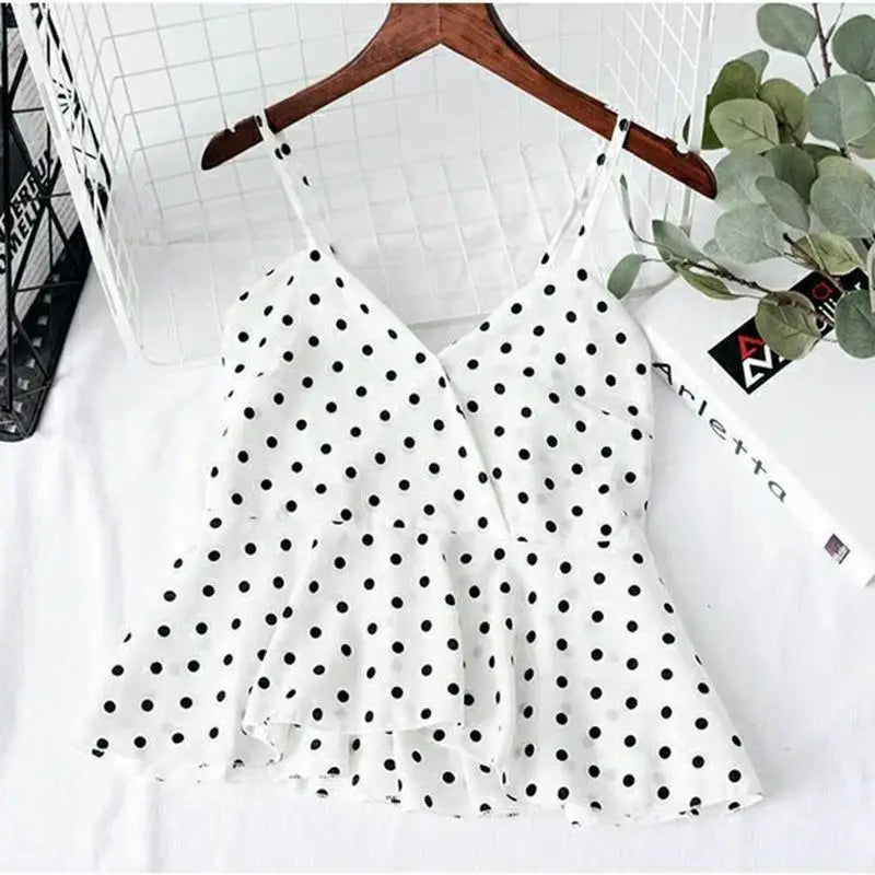 Red Polka Dot Print Chiffon Short V-Neck Sleeveless Sexy Pullover Women's Blouse Shirt Korean Fashion Female Clothing Tops 2024