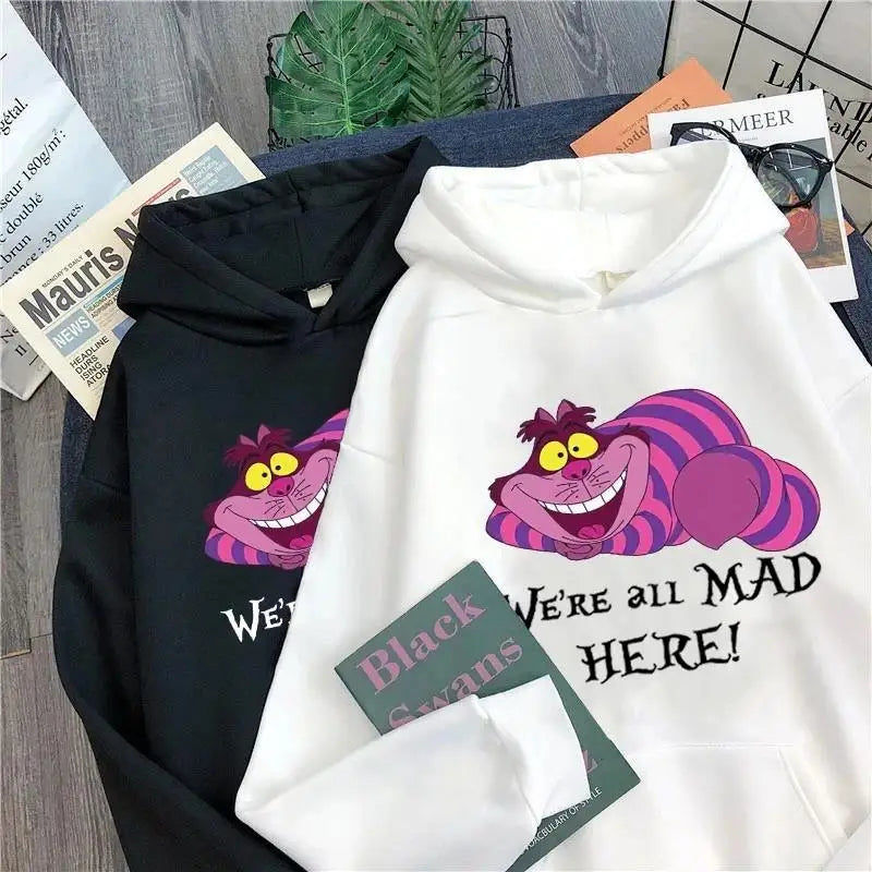 Moletons com capuz Alice no País das Maravilhas, gato de Cheshire, feminino, moletom com capuz, estilo mangá, Harajuku, feminino