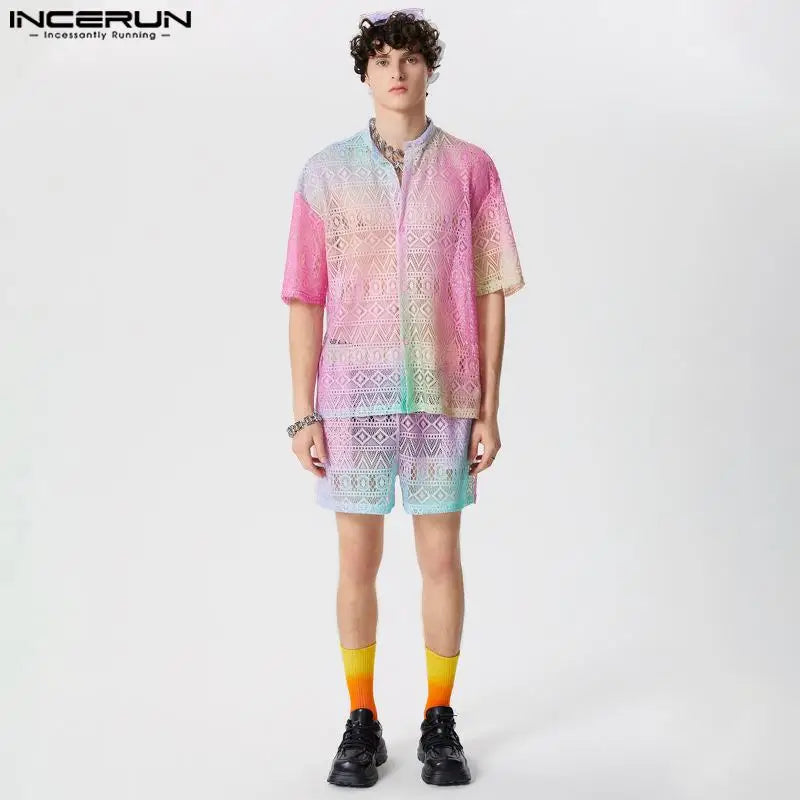 Conjuntos masculinos  de renda transparente com tie-dye, lapela degradê, camisa de manga curta e shorts, 2 peças,  urbana, ternos