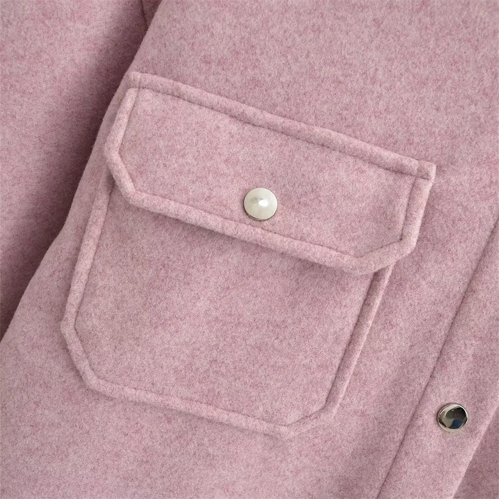 Casaco de lã feminino elegante e casual versátil de manga comprida e abotoamento simples