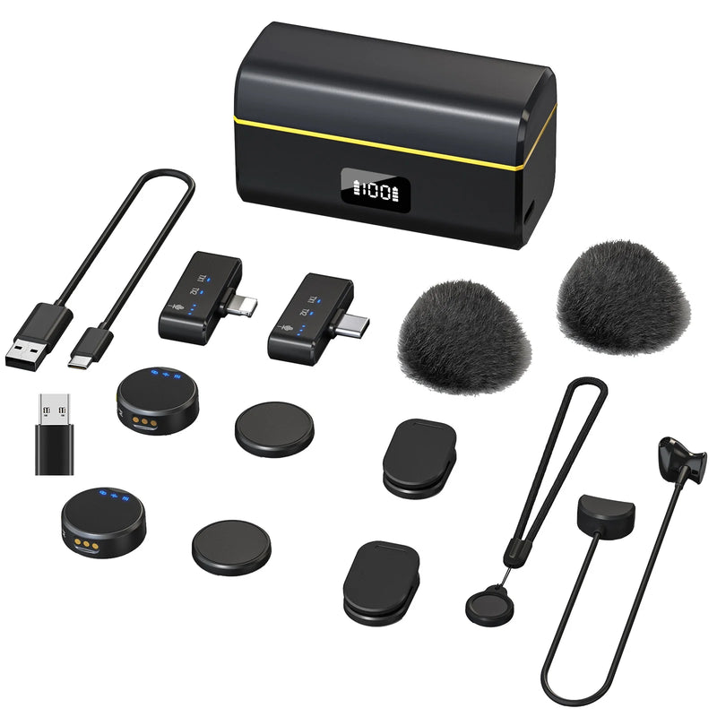 Microfone sem fio 100M para telefone Microfone de lapela magnético profissional com caixa de carregamento Redução de ruído para gravação