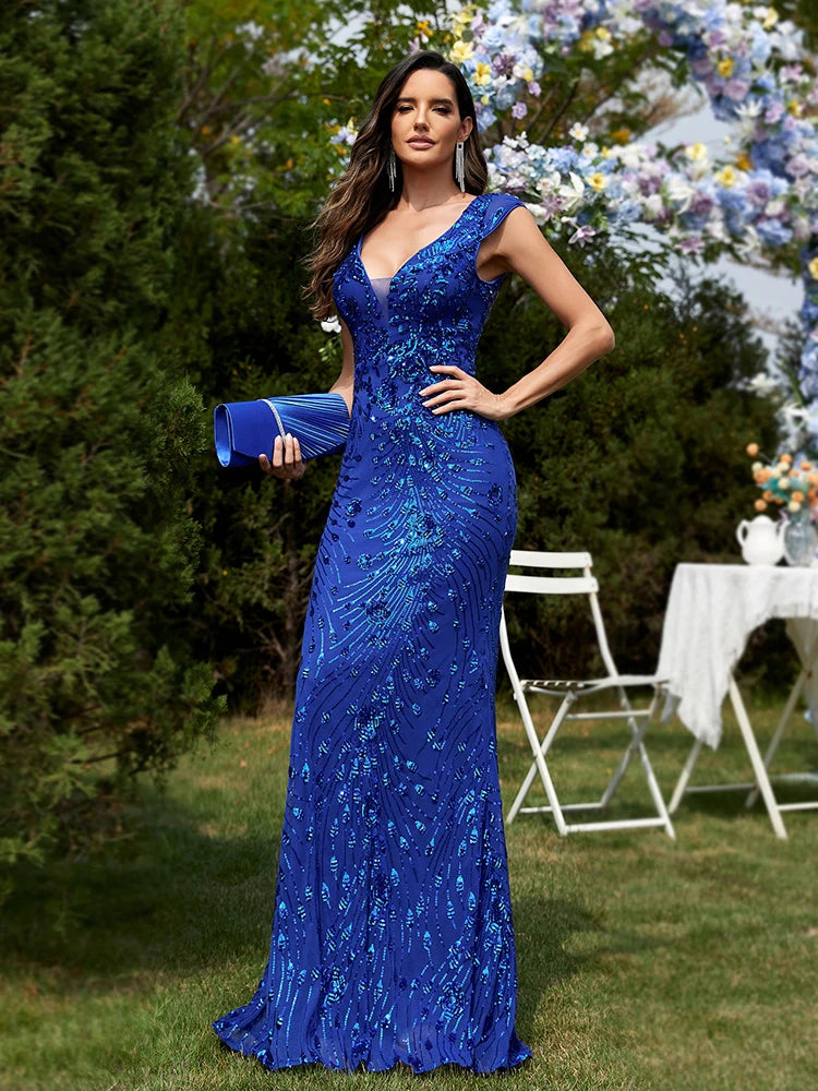 BLUEPLUM New Elegant Green SequinS Evening Dress Women Long Luxury Mermaid Formal Deep V-neck Prom Luxury Wedding Party Gowns