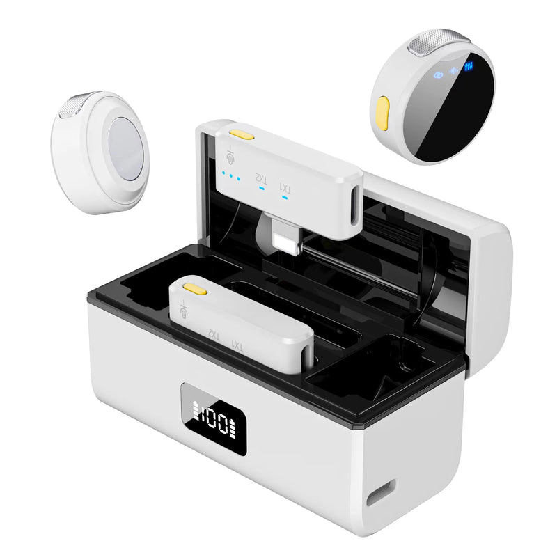 Microfone sem fio 100M para telefone Microfone de lapela magnético profissional com caixa de carregamento Redução de ruído para gravação