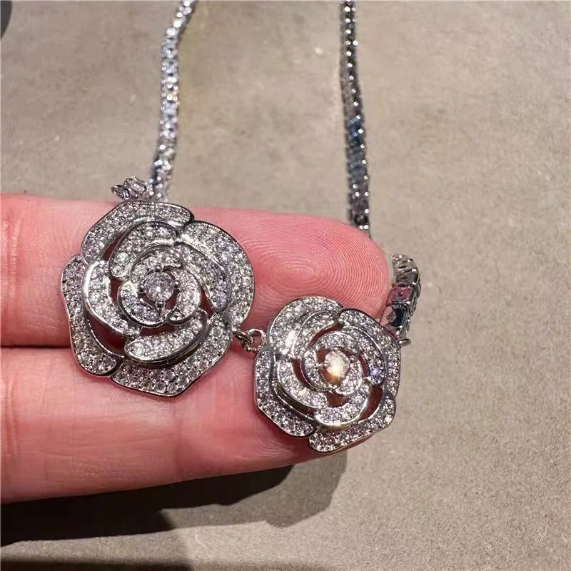 Colar de zircônia camélia para mulher Luxo Vintage CC Estilo Neckchain Clavícula Corrente