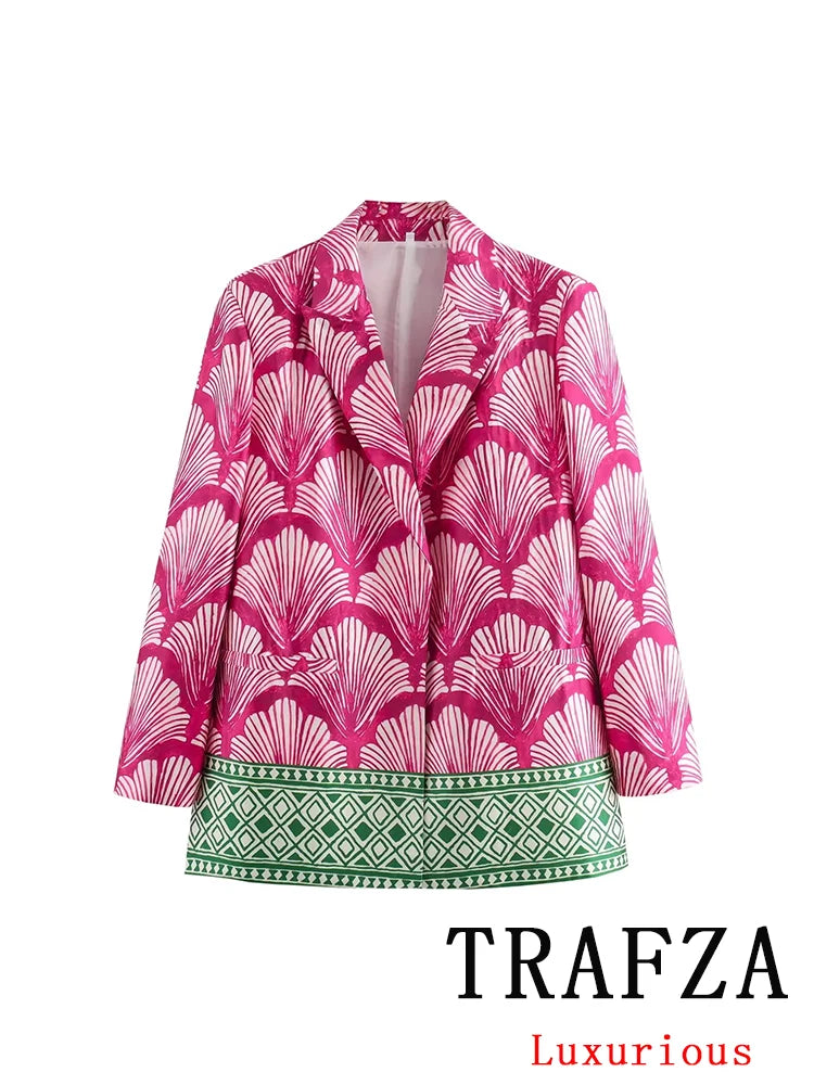 TRAFZA Vintage Chic Print Women Suit Single Breasted Slim Blazer Straight Loose Pants New Fashion 2024 Office Lady Sets
