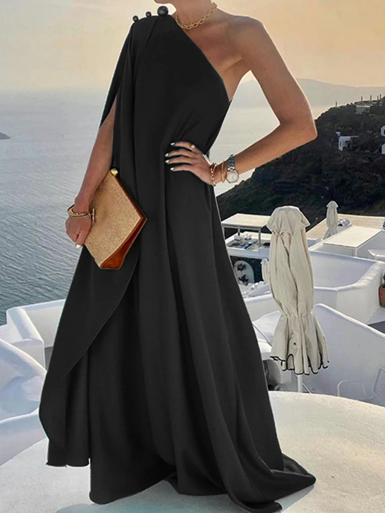 Women Sexy Off Shoulder Boho Long Dress Elegant One Shoulder Loose Party Dress 2022 Summer Fashion Button Solid Beach Maxi Dress