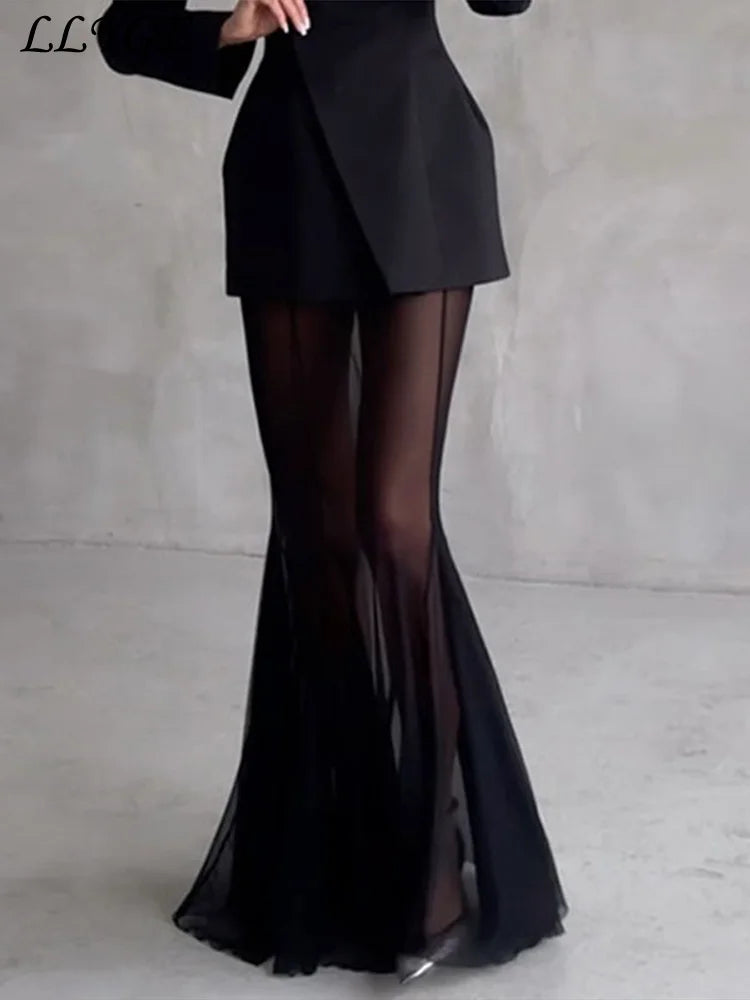 Conjunto elegante de blazer e saia sólida feminino, slim, com um botão, jaqueta plissada, transparente, saia rabo de peixe