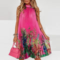 Lady Casual Loose Halter Pleated Maxi Dress Women Fashion Leaf Print Sleeveless Beach Boho Dress Elegant Halter Long Party Dress