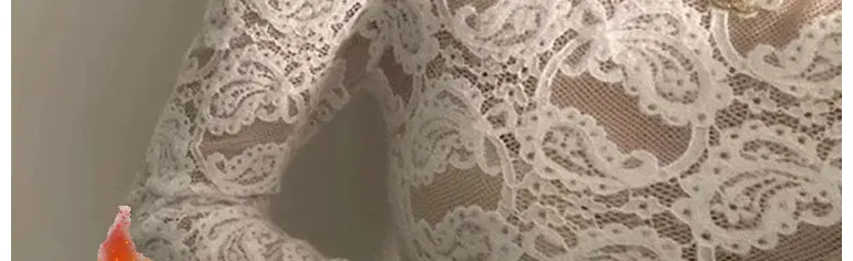 Fleece Lined Lace Base Shirt Women's Autumn Winter Hollow out Mesh Top Trendy Commute Style High Neck Long Sleeve  Color