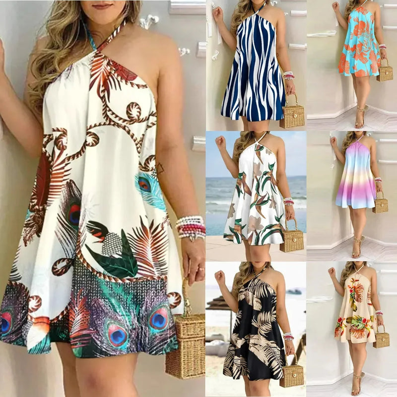 Vestidos Sem Mangas Sem Costas Curto Mini Vestido Solto Halter Neck Estampa Praia Vestido de Verão Floral Vestidos S-3XL