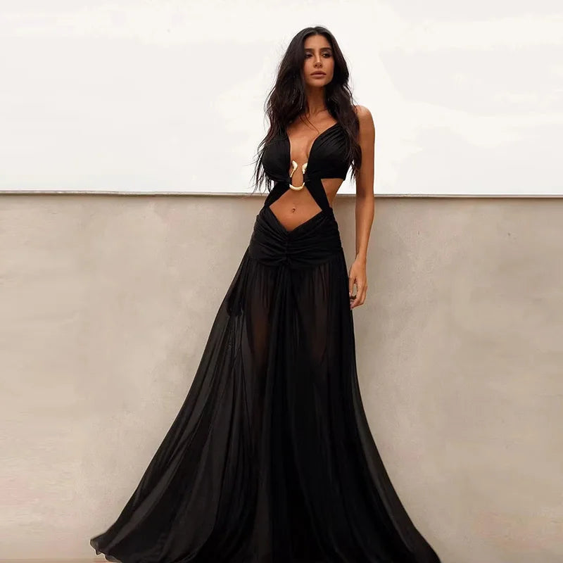 Vestidos longos sensuais vazados  plissados, chiques, decote em V, frente única, sem mangas, costas nuas, linha A