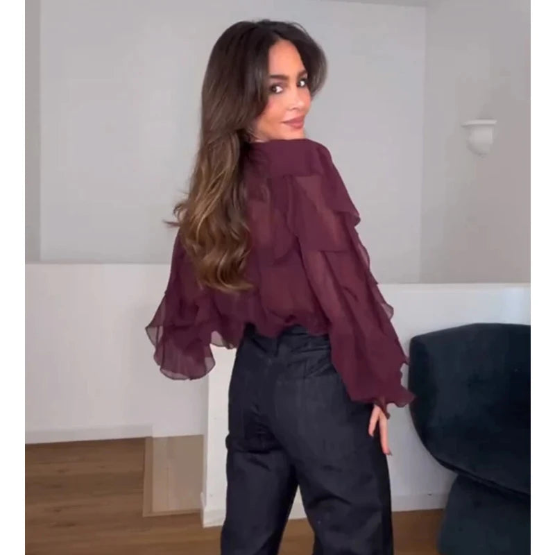 Blusas femininas com babados TRAF, blusas casuais semitransparentes, camisas e blusas femininas de manga comprida, estilo fada, para primavera, 2025