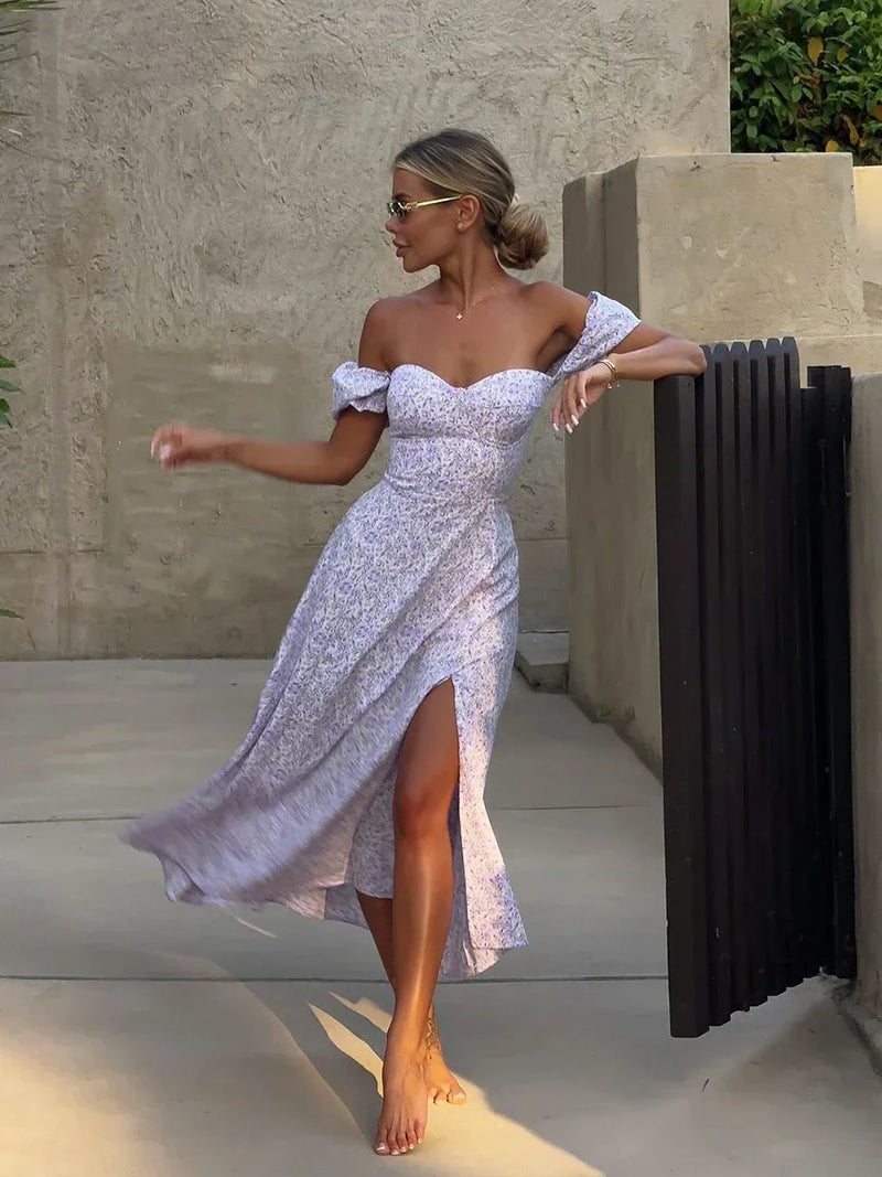Vestido floral Wolfeel com ombros de fora, elegante, longo, slim fit, estampado, sexy