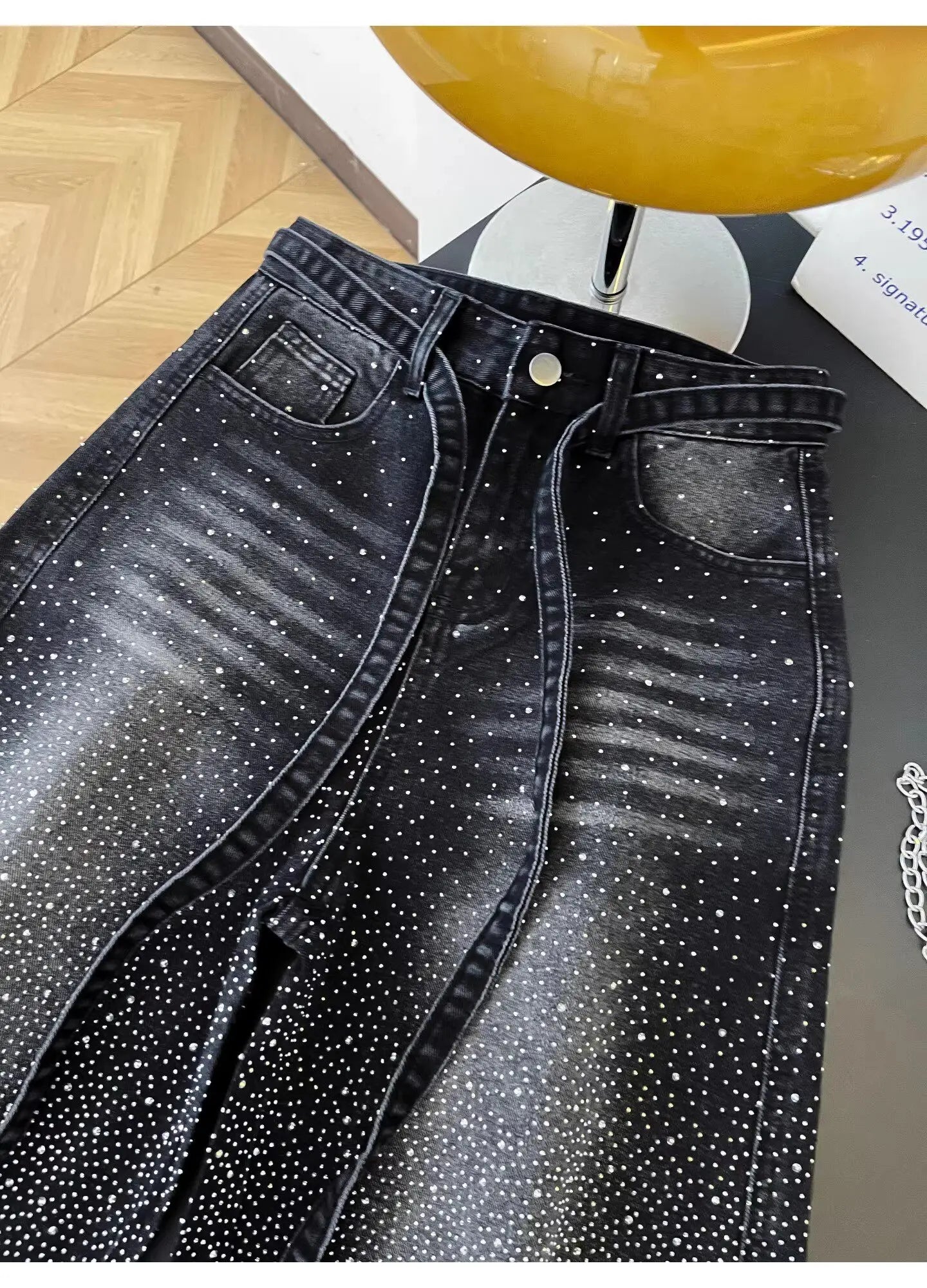 Glittering Rhinestone Denim Pants Women's Jeans New Wide Leg Design Sensation Floor-Length Pants Loose Jeans
