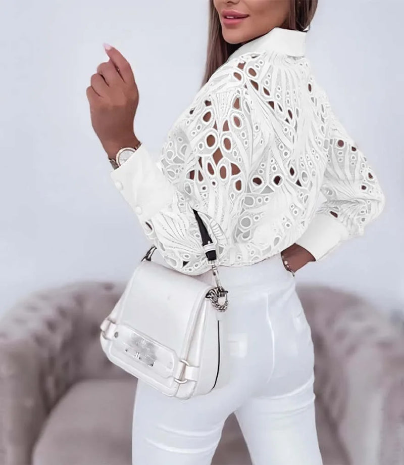 New Fashion Lace Hollow Long Sleeve Shirt For Women 2025 Spring Autumn Elegant Office Lady Blouse And Tops Casual Button Shirts
