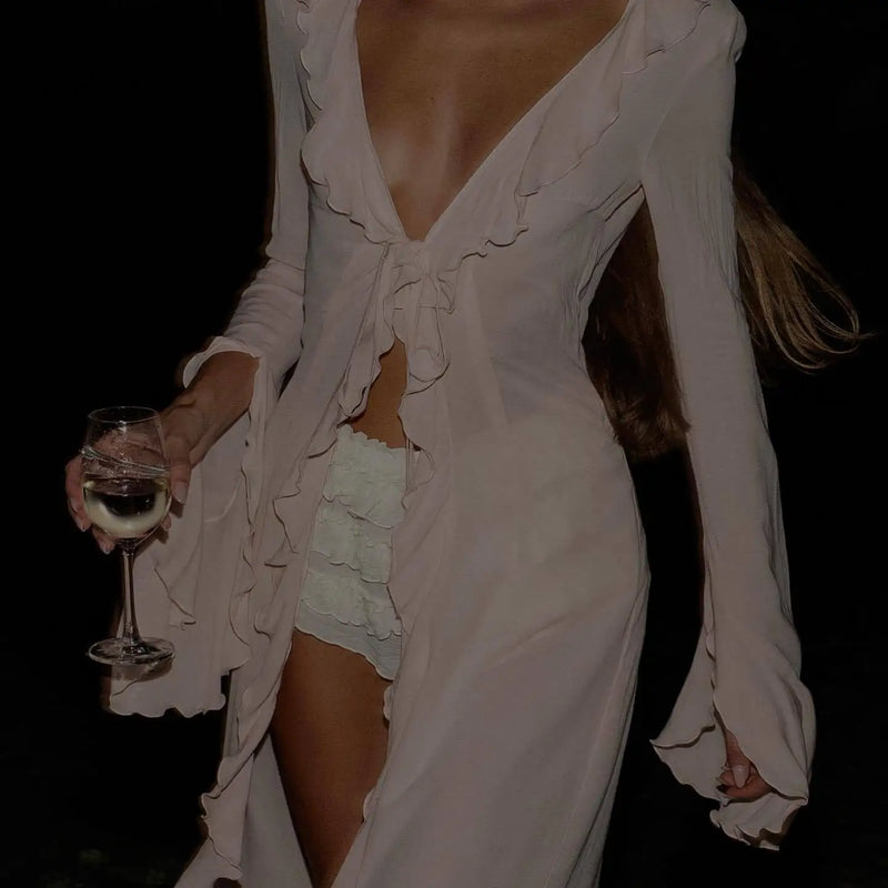Irregular Ruffles Dress Women's Chic V Neck Long Sleeve Lace Up Beach Dress Summer 2024 Fashion Lady Vacation Cover Up