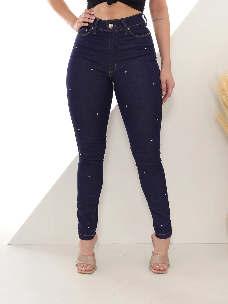 Women's Skinny Dark Jeans Pants with Rhinestones - CRAVO ROSE