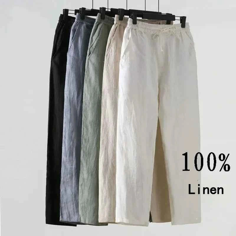 Solid Color Linen Pants Men's Loose Cotton Linen Casual 9 Points Pants Spring Summer Home Straight Soft Comfortable Trousers