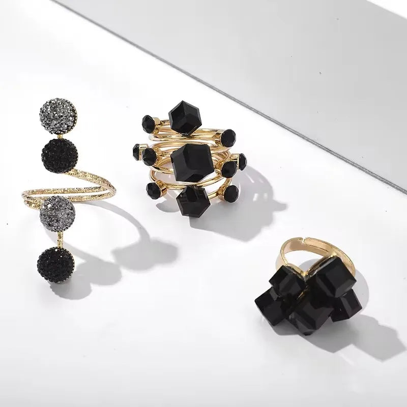 Tocona Punk Antique Black Crystal Stone Opening Joint Rings Set for Women Men Adjustable Gothic Statement Party Jewelry anillos