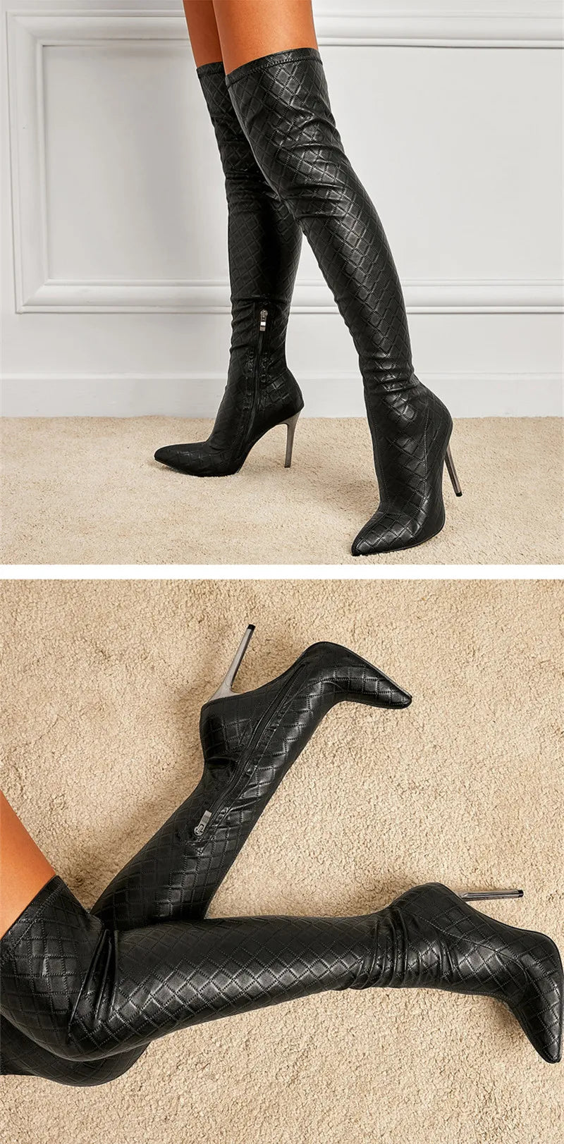 Botas femininas acima do joelho Eilyken Sexy Nightclub Party Stripper Salto agulha Fashion Bico fino Zíper Cano alto