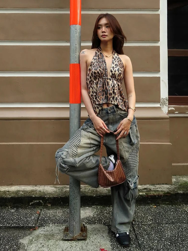 Weird Puss Leopard Sequins Women Vest Y2K Backless Halter V-Neck Lace-Up Sleeveless Street Skinny Wild Summer Trend Tank Tops