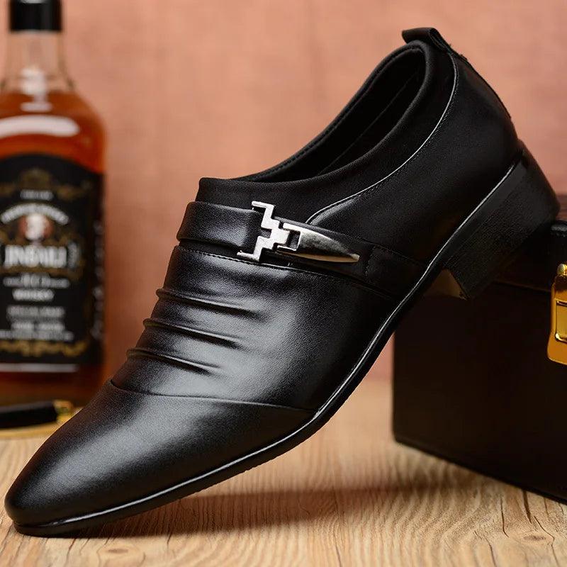 2023Classic Men Dress Shoes Slip on Black Leather Shoes for Men Plus Size Point Toe Business Casual Men Formal Shoes for Wedding - CRAVO ROSE