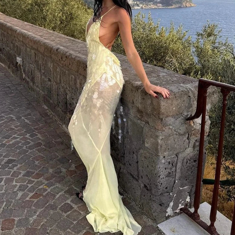 Sexy Deep V-neck Beaded Fishtail Dress Women Elegant Sleeveless Evening Dress Fashion Sequin Backless Hollow Out Slim Long Dress