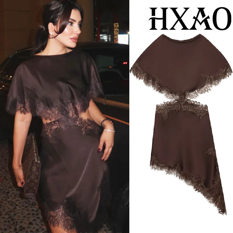 HXAO Cut Out Black Dress Woman Asymmetrical Lace Midi Dress Cape Sleeve Elegant Party Dresses Women Sexy Luxury Cocktail Dress