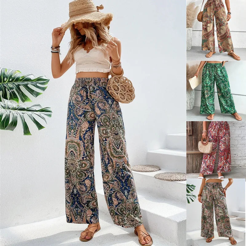 Calças de cintura alta com estampa da moda, pernas largas, primavera-verão, roupas femininas, calças casuais soltas, faixas elásticas, estilo boho, calças de praia