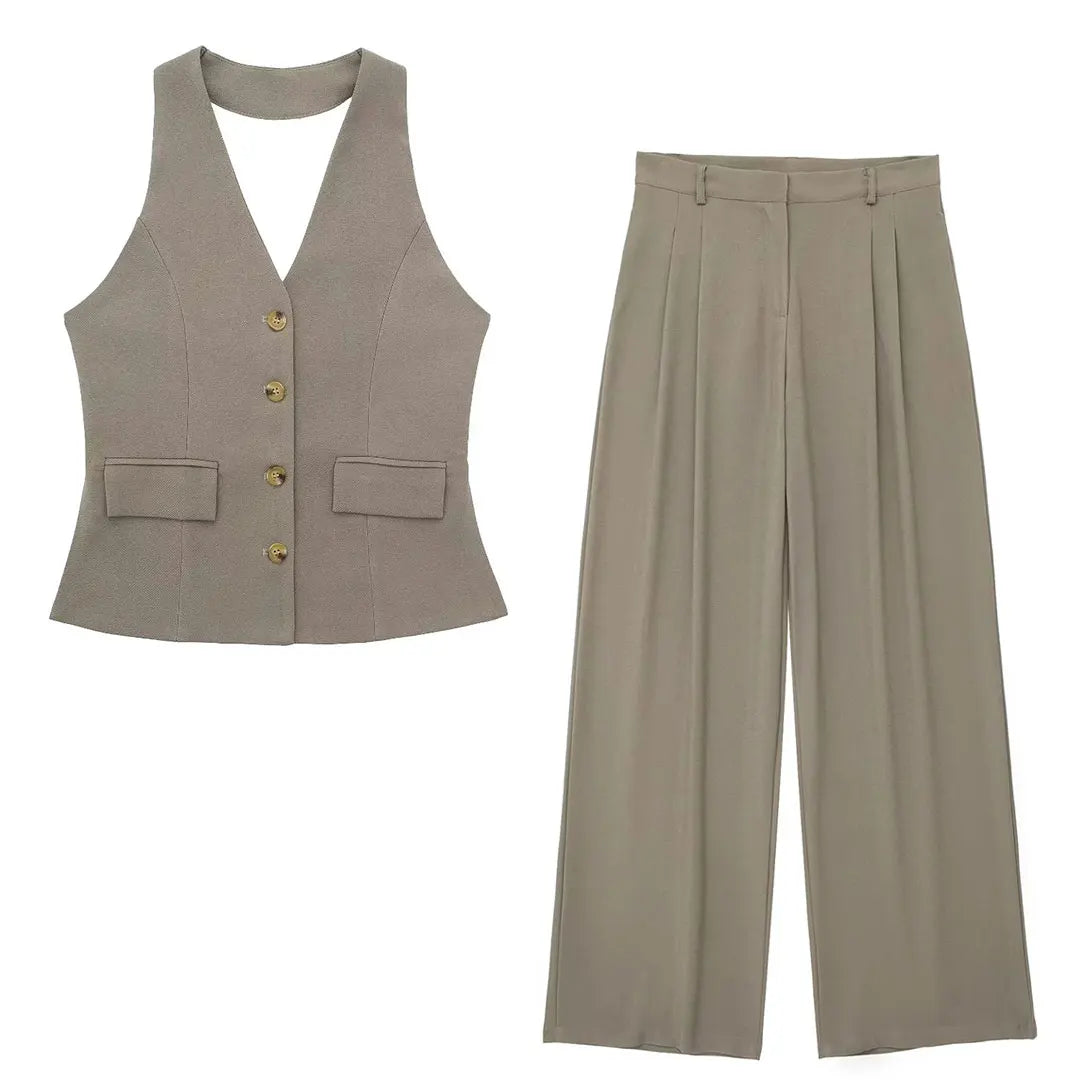 HH Pant Sets For Women Fashion Yellow Backless Button Halter Crop Vest Top Straight Trousers Elegant Office Lady Suit