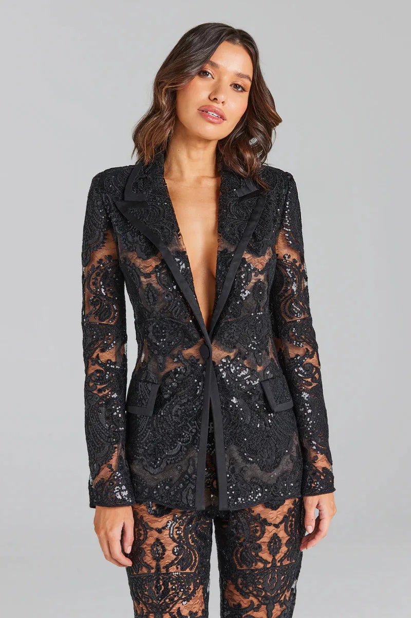 HIGH STREET Newest 2026 Designer Runway Suit Set Women's Single Button Guipure Lace Blazer  Flare Pants Set