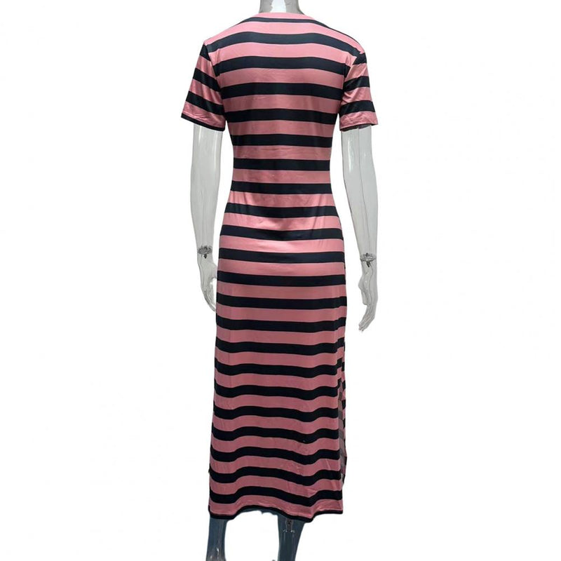 Vestidos Plus Size Vestidos Para Mulheres Casual Listra Estampa Decote Em V Manga Curta Solto Vestido Longo Robe Femme