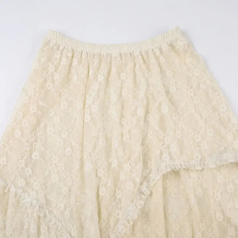 Saia assimétrica de renda Fairycore feminina vintage Y2K Boho estética moda cintura alta saias médias femininas roupas de férias