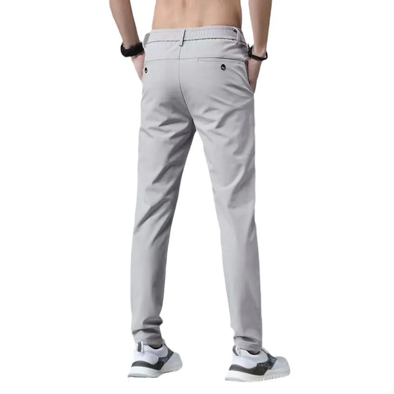 Calças masculinas finas de seda gelada de verão, estilo sofisticado, emagrecedor, suaviza a silhueta, calças retas, secagem rápida, calças versáteis