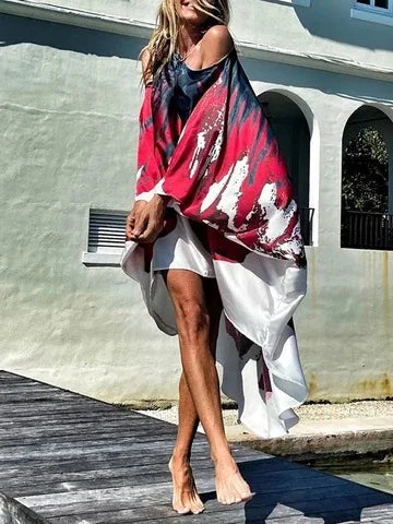 Printed Dresses Women 2025 Summer New Sloping Shoulders Loose Casual Beach Vacation Irregular Dress Fashion Beachwear Vestidos