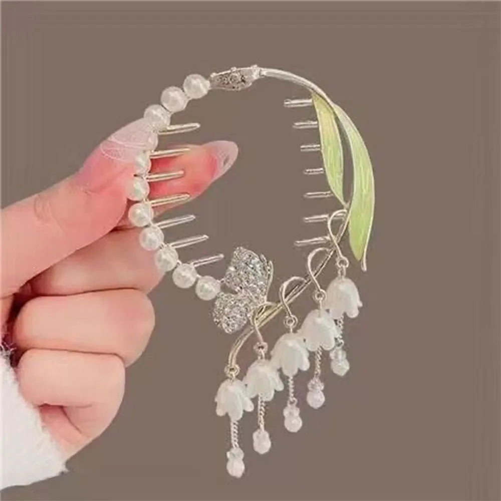 Chinese Style Flower Tassel Hair Bun Buckle High Ponytail Buckle Pearl Chain Pan Hair Claw Clip Fashion Lovely Alloy Headwear