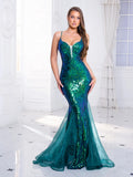 Romagic Deep V Neck Sleeveless Green Cocktail Prom Dress Spaghetti Strap Sequin Luxury Evening Party Women Long Mermaid Dresses