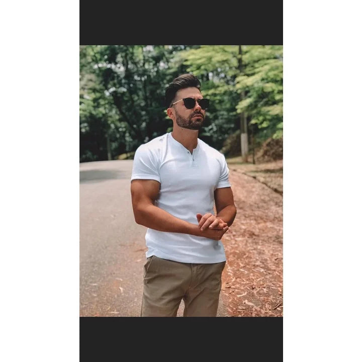 HENLEY 2 Buttons Slim Fit Short Sleeve T-Shirt-WHITE