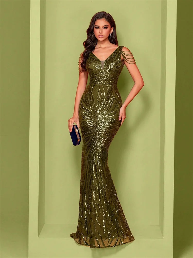Elegant V-Neck Beading Sequin Evening Dress 2025 Long New Luxury Women Formal Mermaid Party Prom Cocktail Graduation Gowns