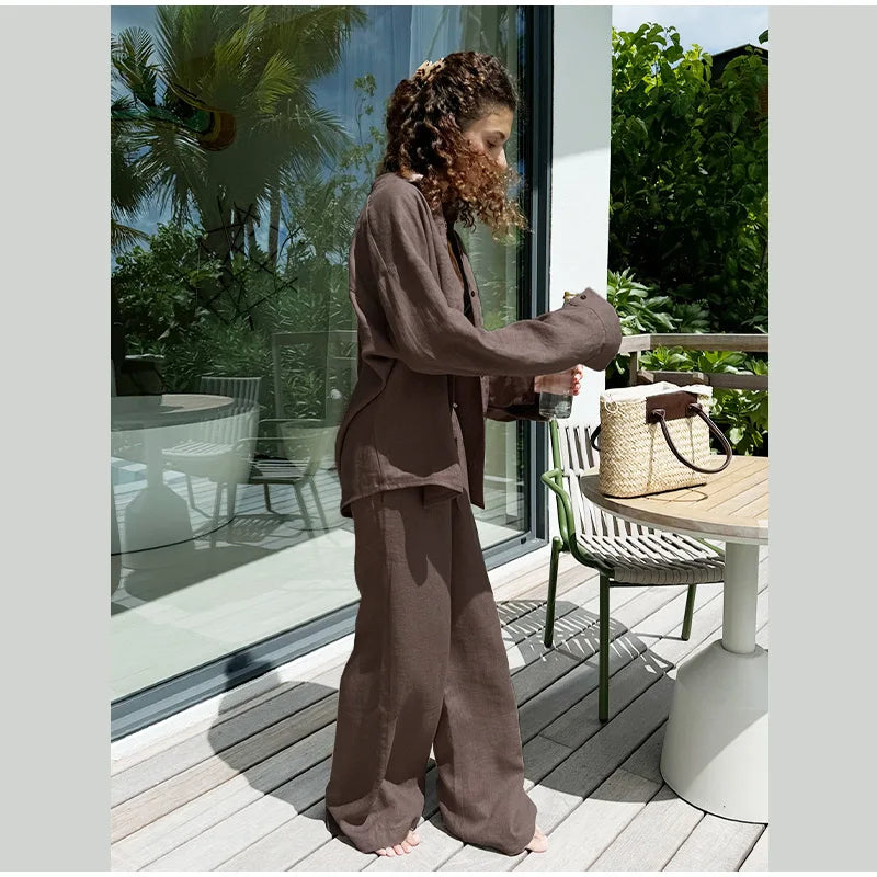 Conjunto casual de calças retas e soltas, moda primavera e outono, manga comprida, camisa de botão único, roupa chique