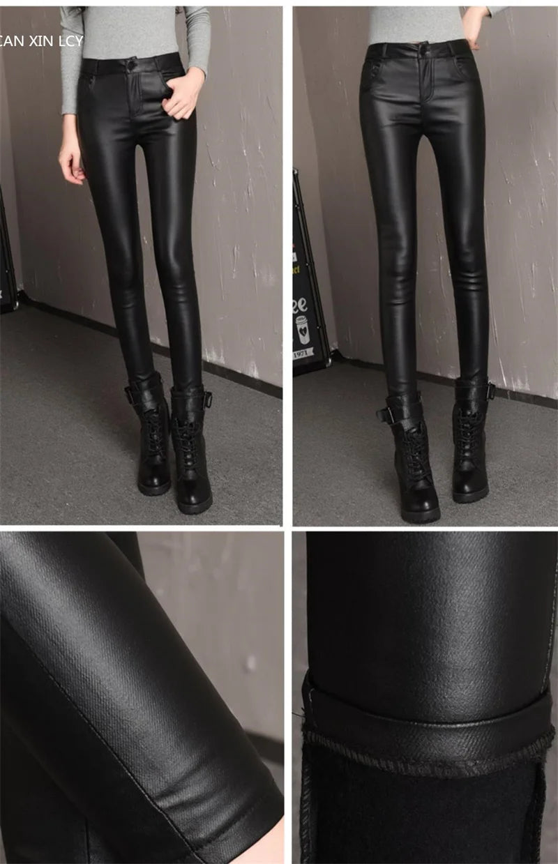 Calça legging feminina de couro sintético com cintura alta elástica, veludo/sem veludo, preta, outono inverno, casual, justa, lápis