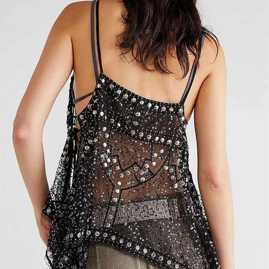 hirigin Women Y2K Sequin Mesh Tank Top Glitter Floral Embroidered Cami Crop Top Coquette Sleeveless Backless Rhinestone Camisole