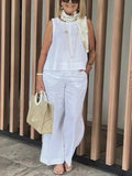 Terno feminino simples de algodão e linho, moda verão, blusa solta sem mangas, calças de perna larga, conjunto de duas peças para mulheres, roupas casuais