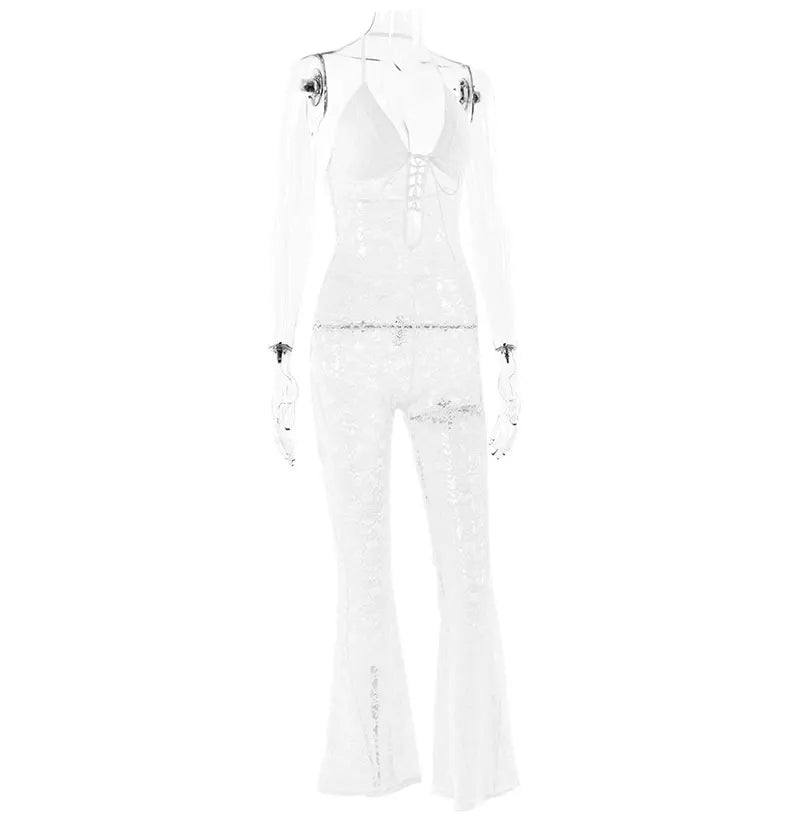 GACVGA Sexy Lace See Through Women Jumpsuit Backless Slim Streetwear Bandage Romper Lady Elegant Summer Party Nightclub Jumpsuit