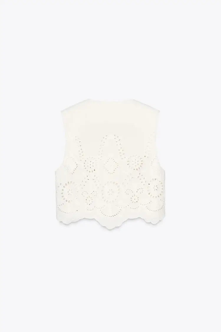Embroidered Hollow out Vest Top 3356868 High Waist Skirt Pants 3357868 Faionable Two-Piece Set round Ne Button Closure ...