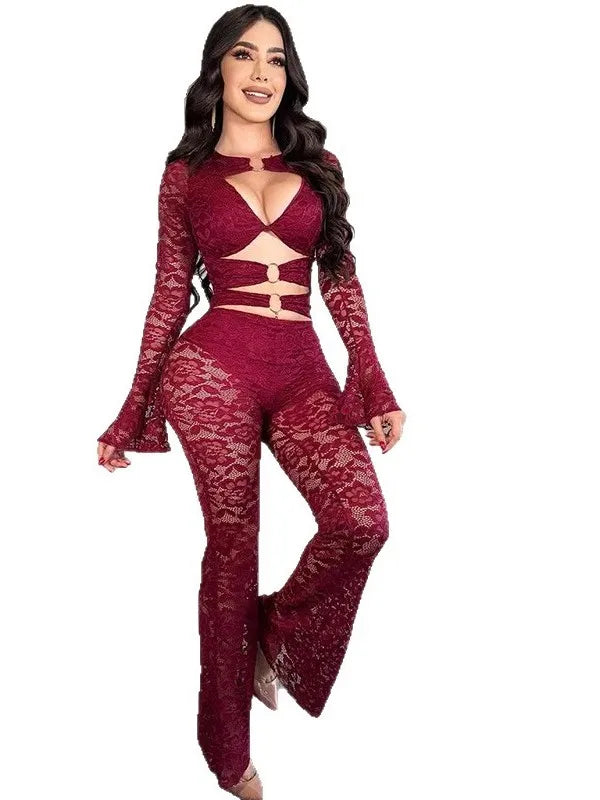 Sexy Hollow out Micro Flared Jumpsuit Long Pants  Lace Shirt Thickened Winter Collection for Elderly Women