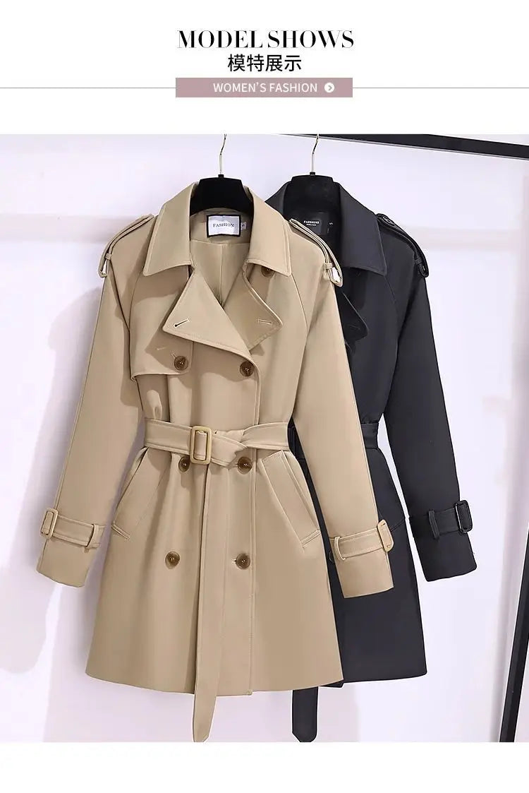 Women's Windbreaker 2026 Spring Autumn New Slim Double-breasted Temperament Coat With belt Femle mid length Casual Trench coat