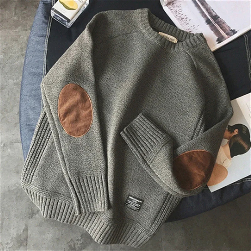 Men's Harajuku Pullover Sweater Patch Designs Knitted Sweatshirt Hip Hop Round Neck Pure Colour Causal Pullovers Men's Clothing
