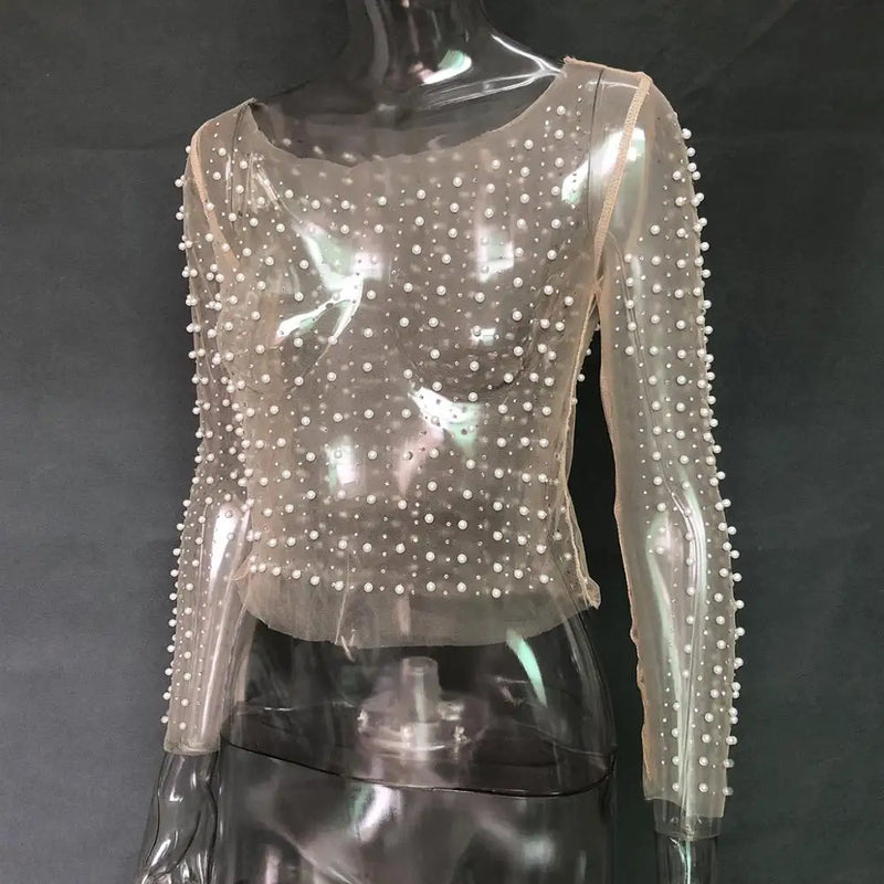 Camiseta feminina sexy transparente Gtpdpllt, malha, patchwork, diamantes, pérolas, slim, tops curtos elegantes, roupas femininas de primavera